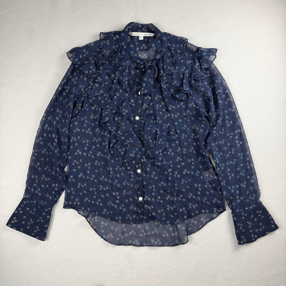 Veronica Beard Women's Finley Ruffled Tie Neck Floral Printed Blouse Navy Sz 10 - Picture 6 of 10